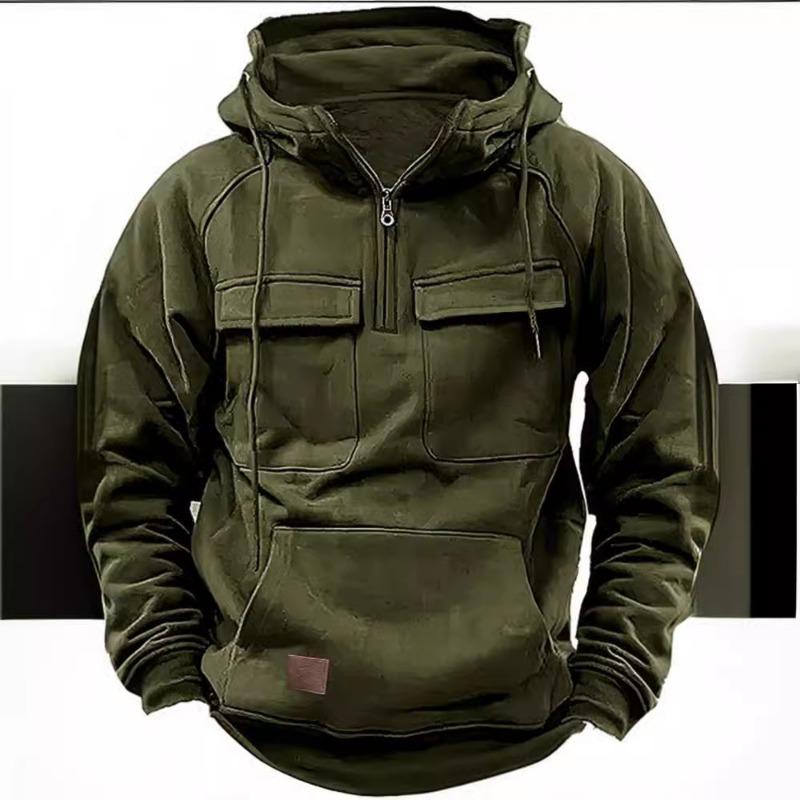 Men’s Solid Color Hooded Sweatshirt with Multi Pockets