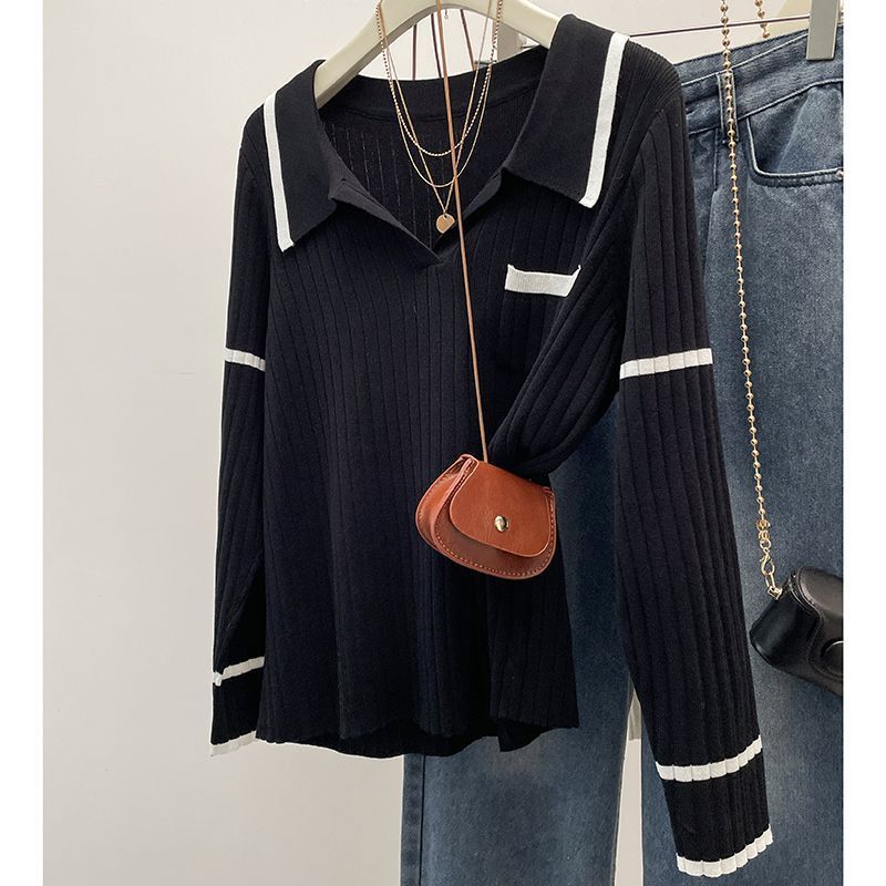 

Lapel pit strip knitted sweater women s autumn and winter fat mm design sense contrasting colors loose and thin shoulder top one size fits all чёрный