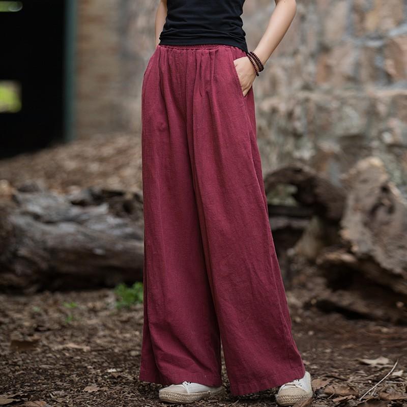 Womens Linen Cotton Blend Wide Leg Pants Vintage Washed Relaxed Fit Casual Trousers
