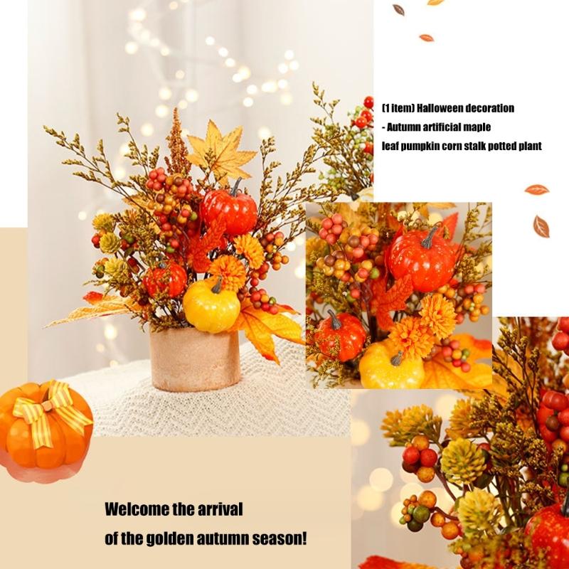 Tabletop Autumn Centerpieces Realistic Pumpkins With Realistic Maple Leaf Arrangement And Wheat Stalks Display