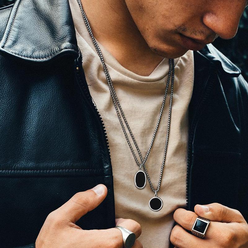 Men Necklace, Oval Round Pendant, Stainless Steel Minimalist Black Pendants.French Style Vintage Men Jewelry