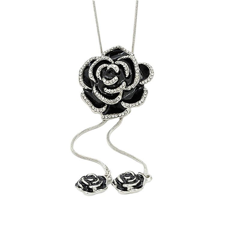 High-Quality Black Rose Necklace: Elegant Long Sweater Chain for Women