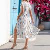 European and American women's clothing 2026 summer printed ruffle edge short-sleeved lace-up dress
