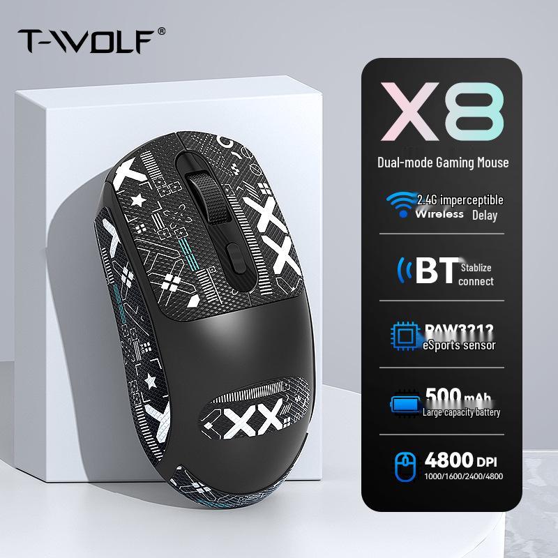 T-WOLF X8 Lightweight Bluetooth Gaming Mouse with Silent Click and Anti-Slip Stickers