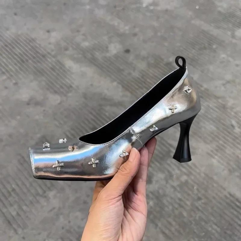 Fashion French Style Metallic Square Head Sexy Small Leather Shoes With Flat Heel And Single Button Buckle Elegant Thick High Heel Shoes