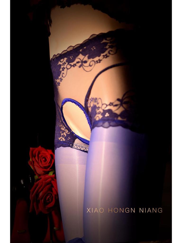 Medias de Encaje Entrepierna Abierta Negro Brillante - Medias Sexy Antidesgarro para Mujer