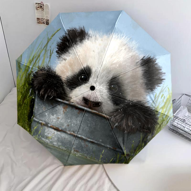 Fantasia panda e erba, ombrello pieghevole automatico, design portatile e pieghevole, 8 stecche, un regalo di Natale o di compleanno.