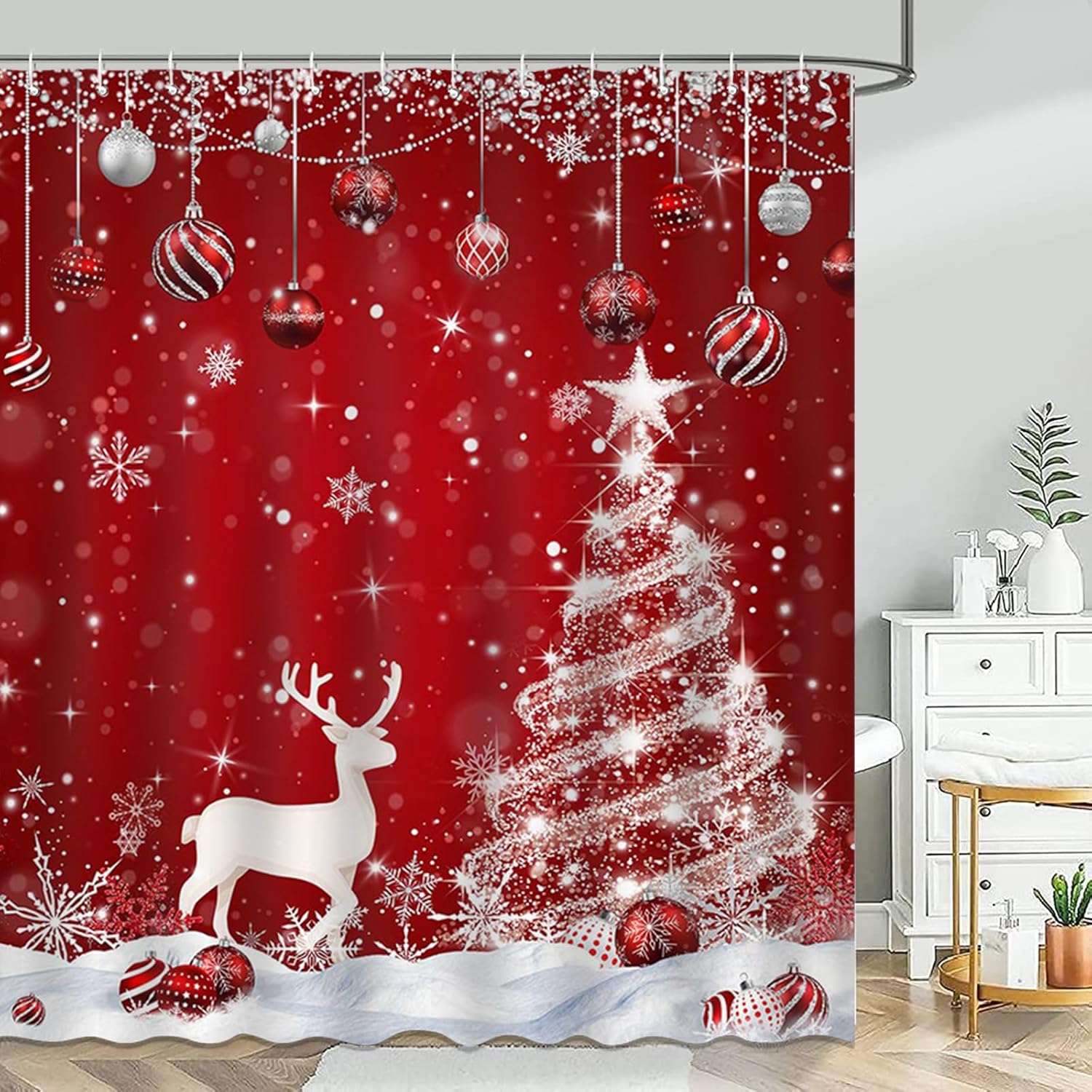 

Navy Blue Christmas Shower Curtain Glitter Xmas Pine Tree Snowflakes Deer Bathroom Shower Curtain Winter Christmas Waterproof W60H190(CM)-1 Pcs