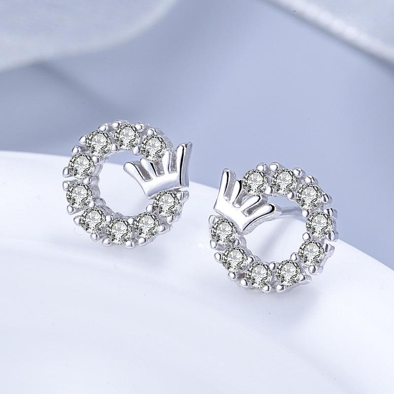 S925 Sterling Silver Crown Stud Earring Geometric Full Diamond Female Korean Style Fresh and Stylish Ear Rings Ear