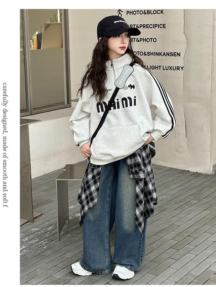 Trendy 2025 Girls' Autumn Sweatshirt & Jeans Set - Fashionable Two-Piece for Older Kids