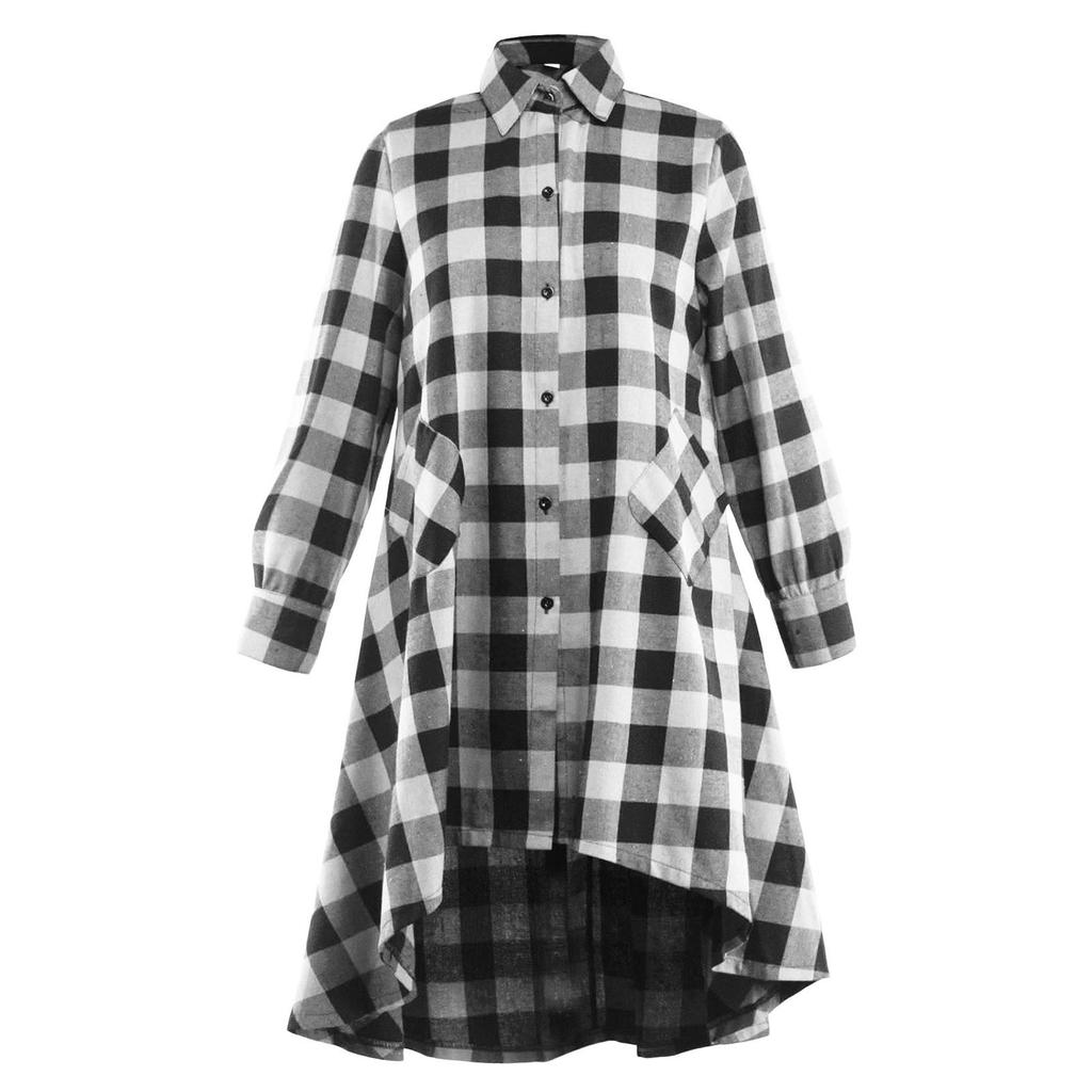 Women's Boyfriend Casual Pocket Long Sleeve Plaid Shirt Irregular Dress