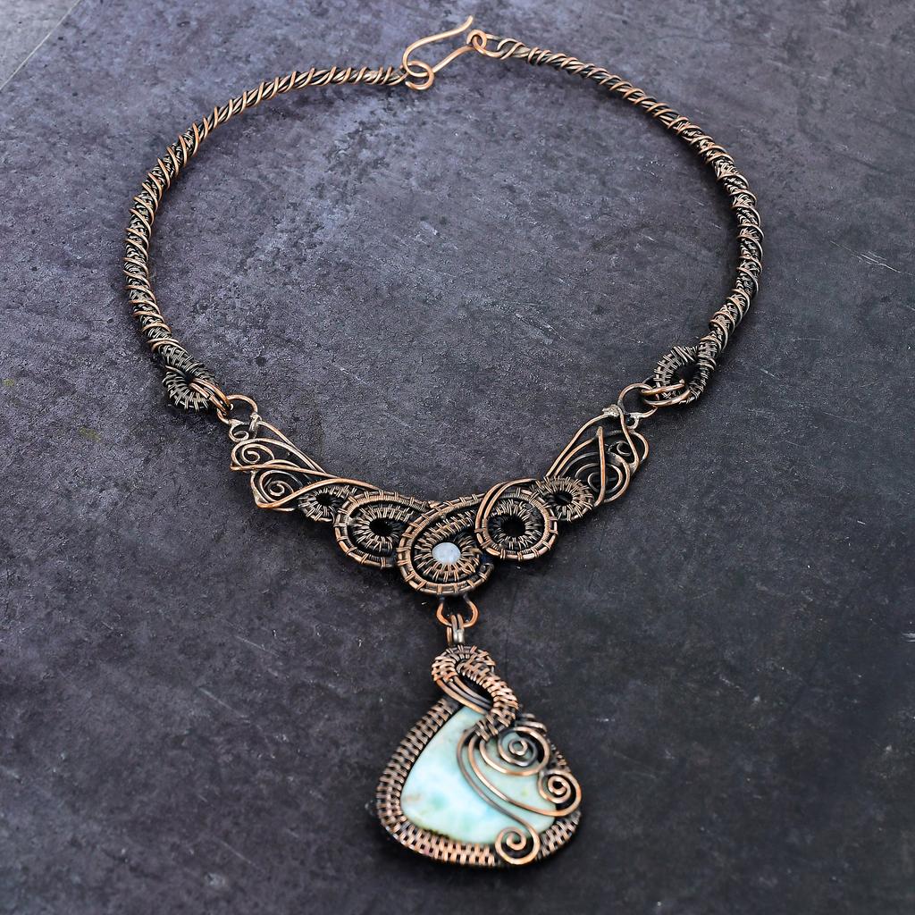 Natural Larimar, Moonstone Gemstone Copper Wire Wrap Jewelry Necklace 18" V5r71