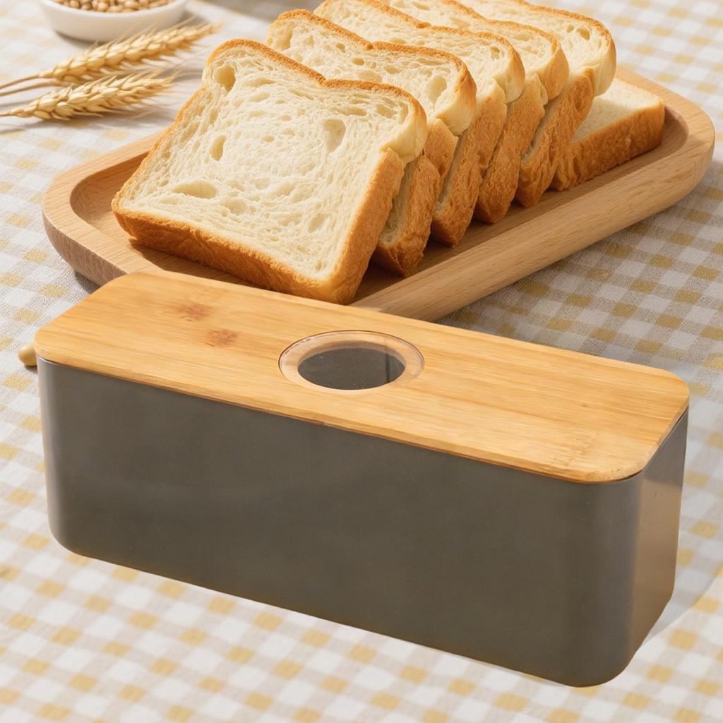Rectangular Bread Box with Wooden Lid Multipurpose Storage Container Organizer for Kitchen Countertop Fresh Baked Goods