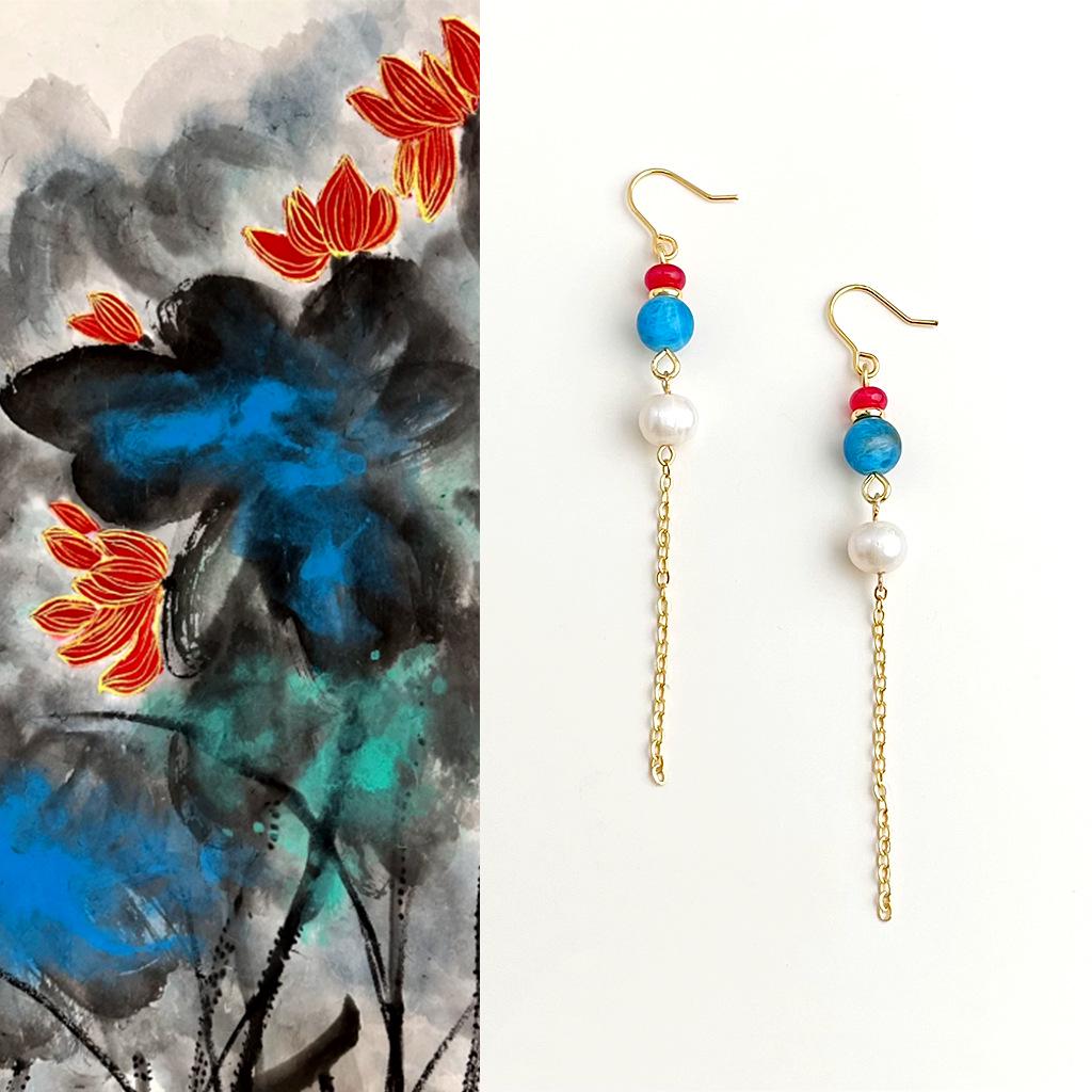 Boucles d'oreilles à pampilles en perles d'eau douce et aigue-marine faites à la main: Style Chinois Rétro Long Design Littéraire