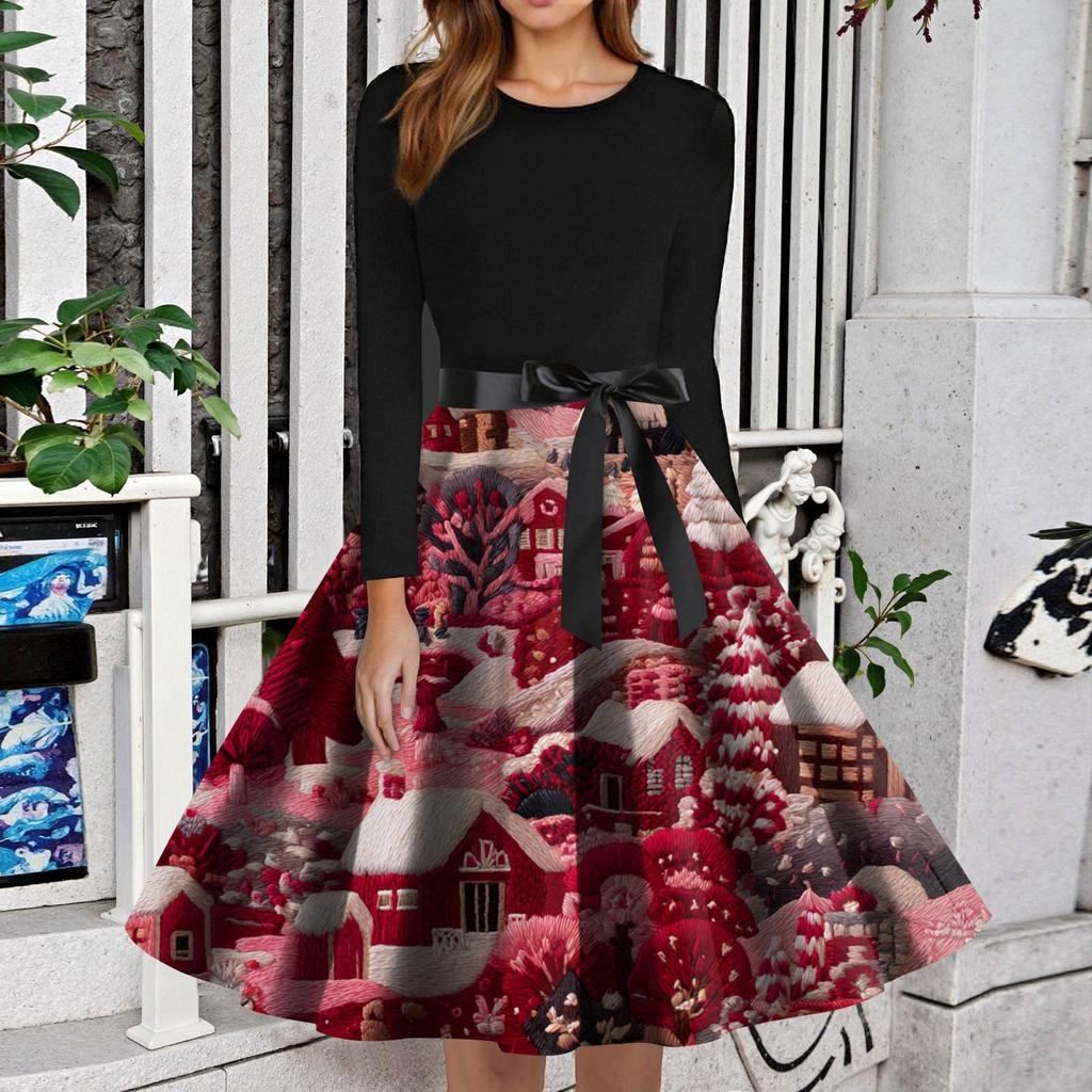 Women's Fashion Round Neck Slim-Fit Christmas Print Long-Sleeved Dress