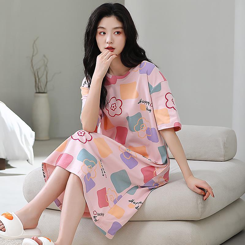 

Женская летняя ночная рубашка-пижама из чистого хлопка с коротким рукавом свободного кроя средней длины в корейском стиле для дома или повседневной носки XXL (for 140-160 jin)