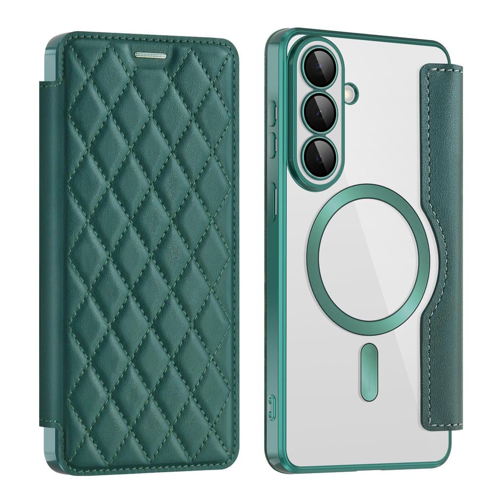 For Samsung Galaxy S26+ Magnetic Case RFID Blocking Card Holder Rhombus PU Leather Phone Cover with Lens Film