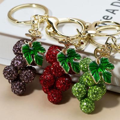 1PC Small Pendant with Leaves Grape Keychain for Women Girls Full Rhinestones Cute Car Key Ring Bag Pendant Simulation Fruit