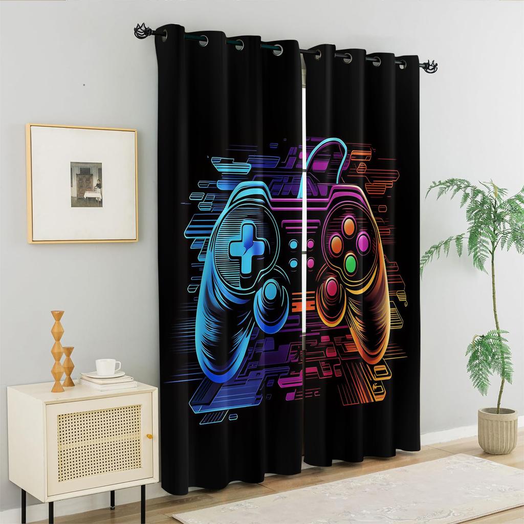 Black Background Gradient Neon Line Game Controller Blackout Curtain 2Pcs Set Cyber Circuit Arcade Gaming Window Drapes