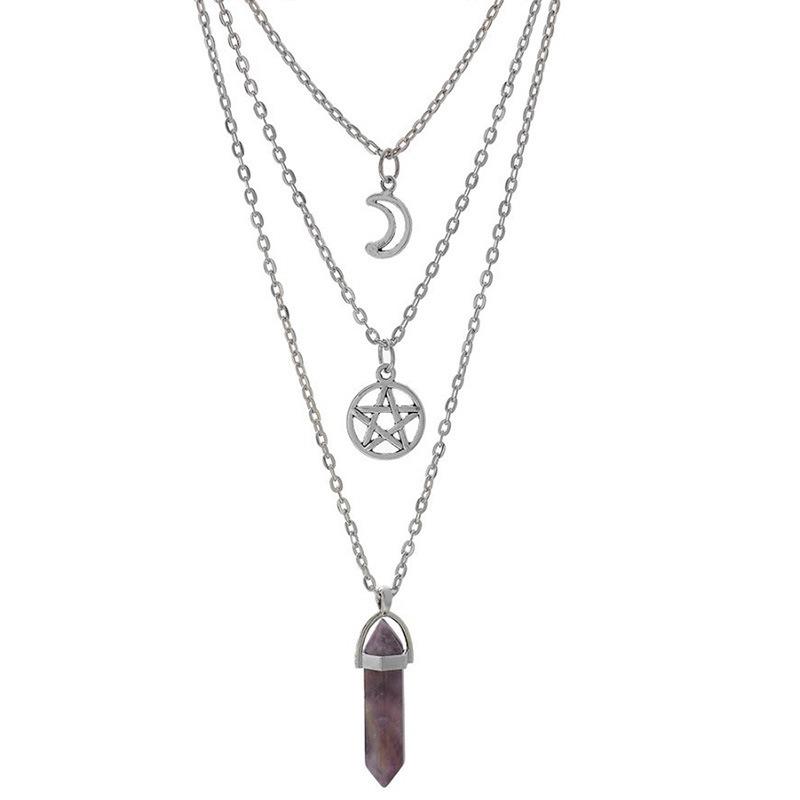 Mehrlagige Achat-Halskette mit hohlem Mond- und Sternanhänger für Damen, Schmuck für das Schlüsselbein