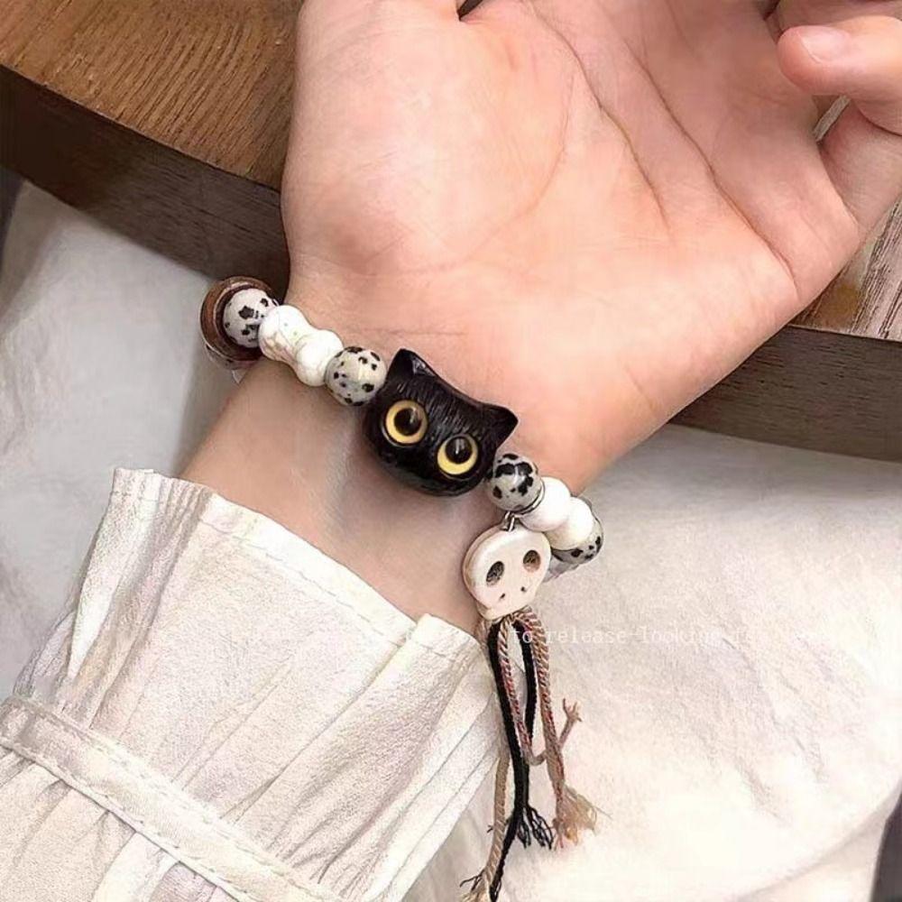 Skull Cat Handmade Bead Bracelet Ceramics Bead Cartoon Hand Ring Vintage Black Cat Bracelet  Women