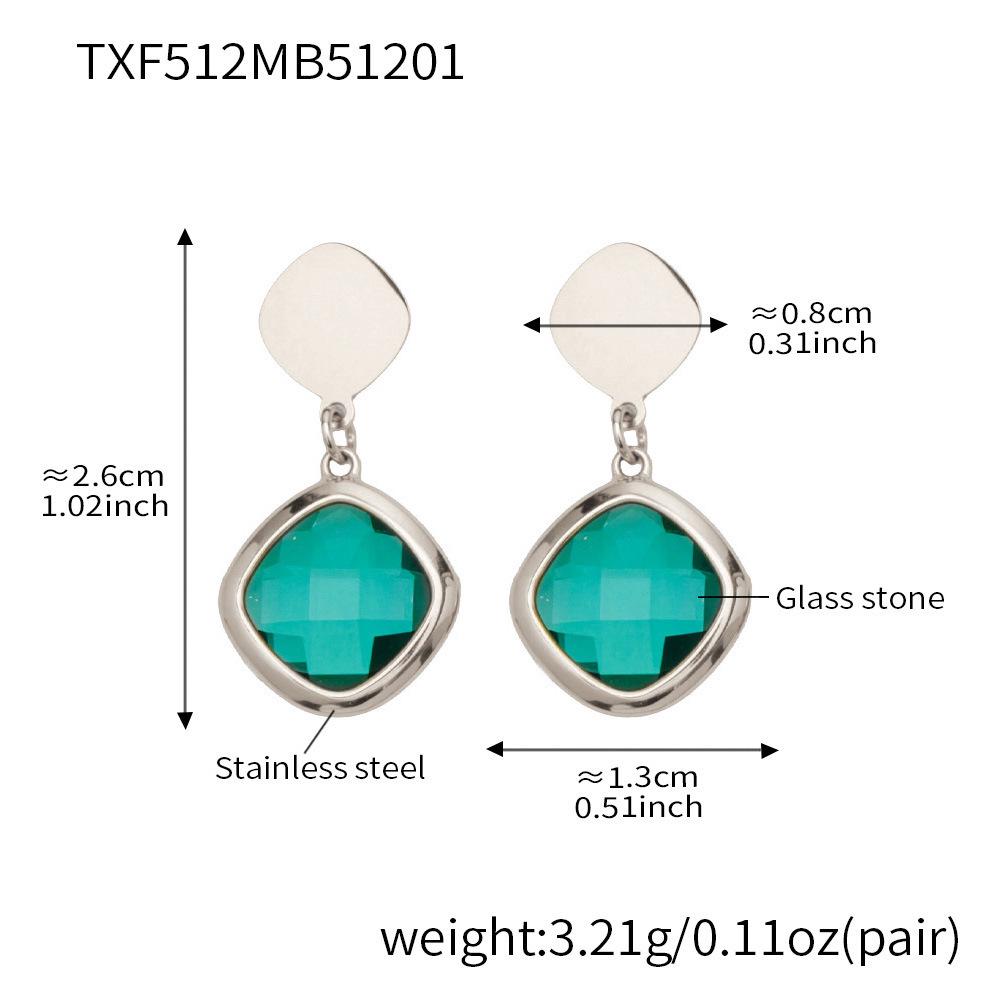 Stylish European & American Stainless Steel Jewelry Set with Square Faceted Glass Stones: Includes Bracelet, Necklace, and Earrings