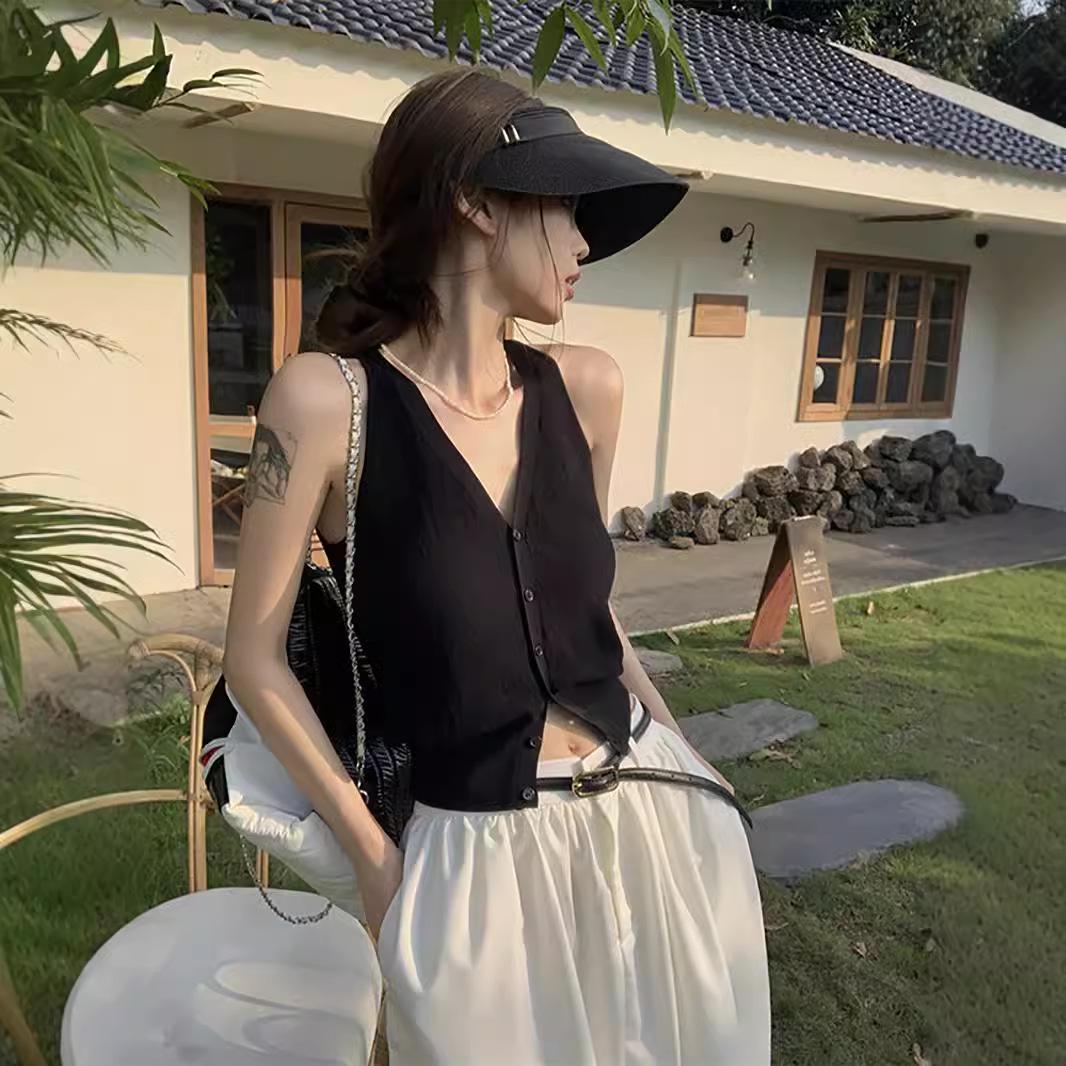 

Black Women s Knitted Vest - Unique Summer 2024 Trendy Short Tank Top One Size