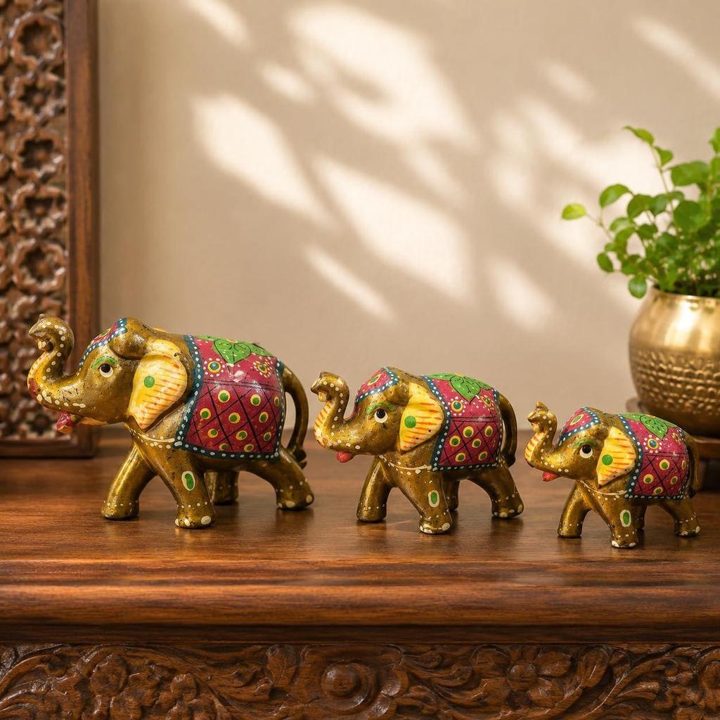 Paper Mache Elephant Showpiece, Yellow, Set of 3 Traditional, Artistic, Home Decor