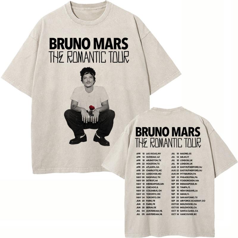 100% Cotton Vintage Washed Bruno Mars The Romantic Tour 2026 T Shirt Fashion Men/Women Retro Oversized Loose Acid Wash Tee Shirt