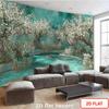 2D Teal Garden Photography Background, Vintage Spring Blossom Tree Fountain Decor Banner