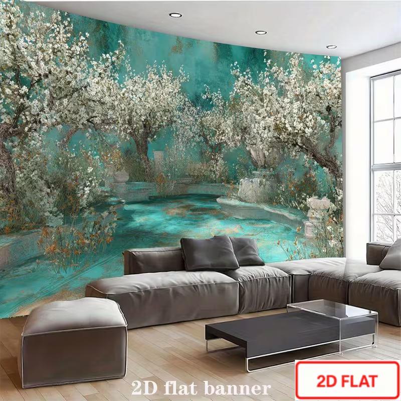 2D Teal Garden Photography Background, Vintage Spring Blossom Tree Fountain Decor Banner