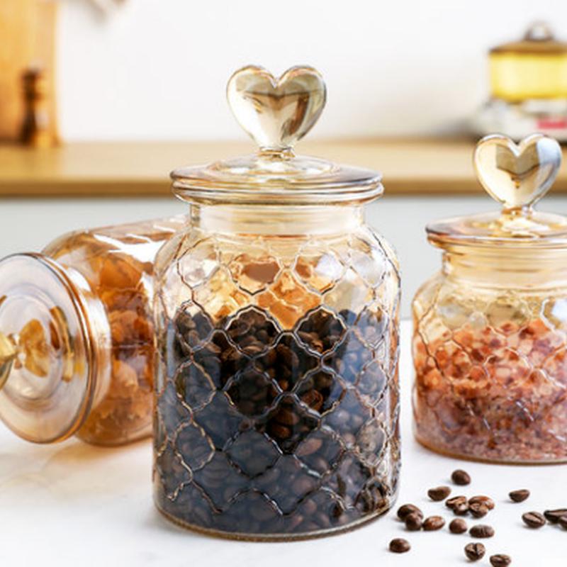 Amber Glass Sealed Jar Storage Bottle with Lid Large Capacity Transparent Heart-shaped Coffee Bean Storage Jar Kitchen Container