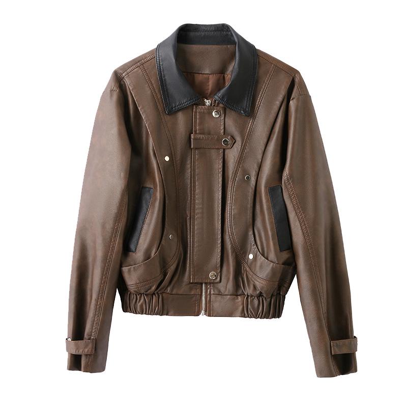 Autumn 2024 Women's Casual Turn-Down Collar Leather Jacket - Slim Fit XG9926