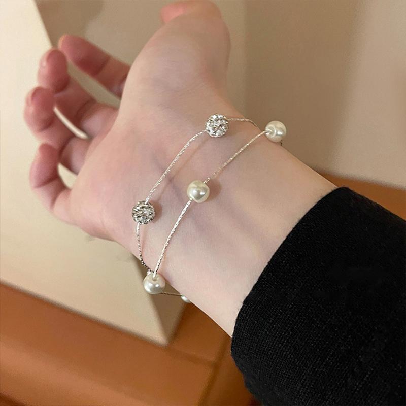 Sparkling Rhinestone Ball Pearl Bracelet for Women Minimalist Beads Double-Layer Tassel Bracelet Exquisite Jewelry Party Gifts