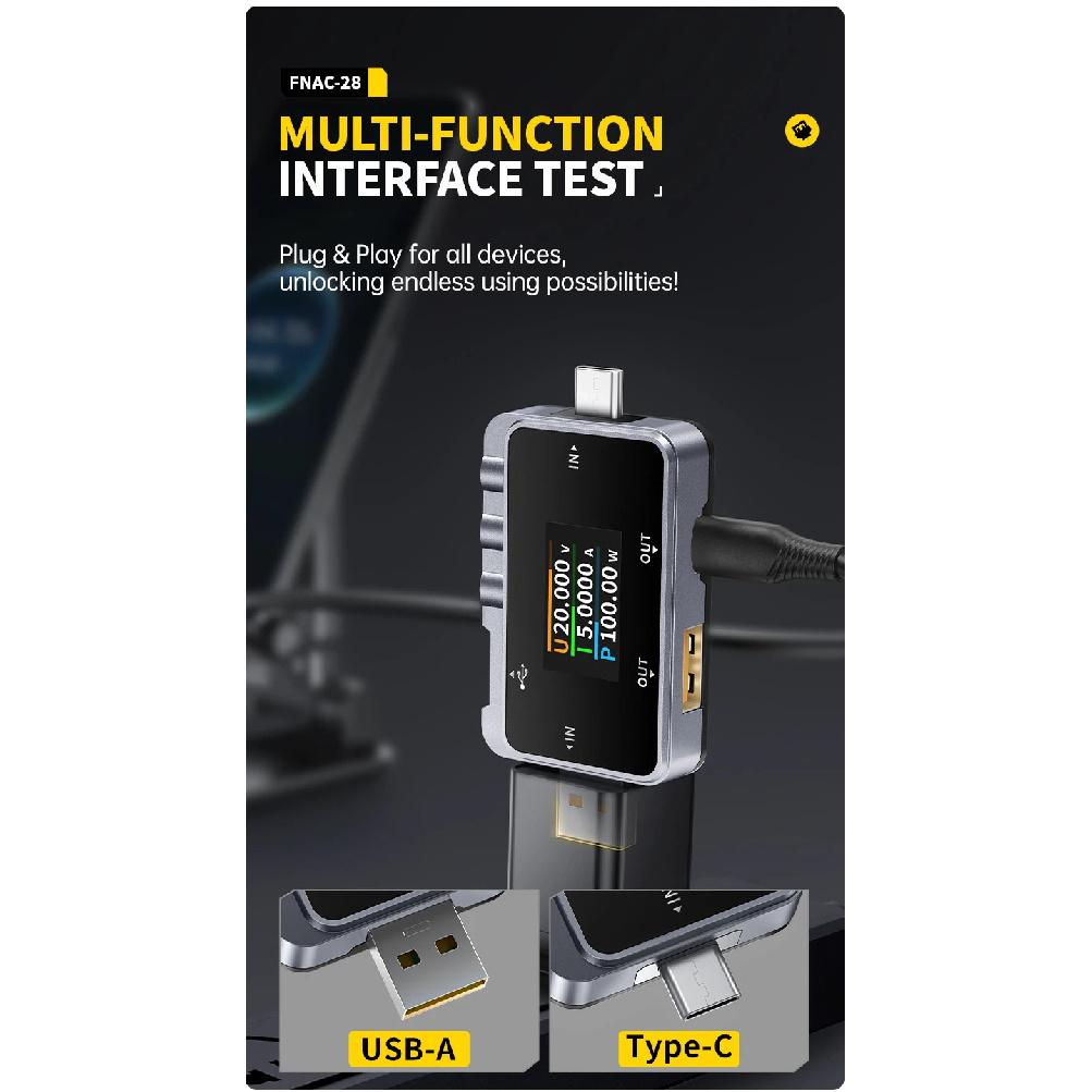 FNIRSI FNAC-28 2 IN 1 Type-C USB Tester Digital Voltmeter Ammeter Amperimetor Voltage Current Meter Power Bank Charger Measure