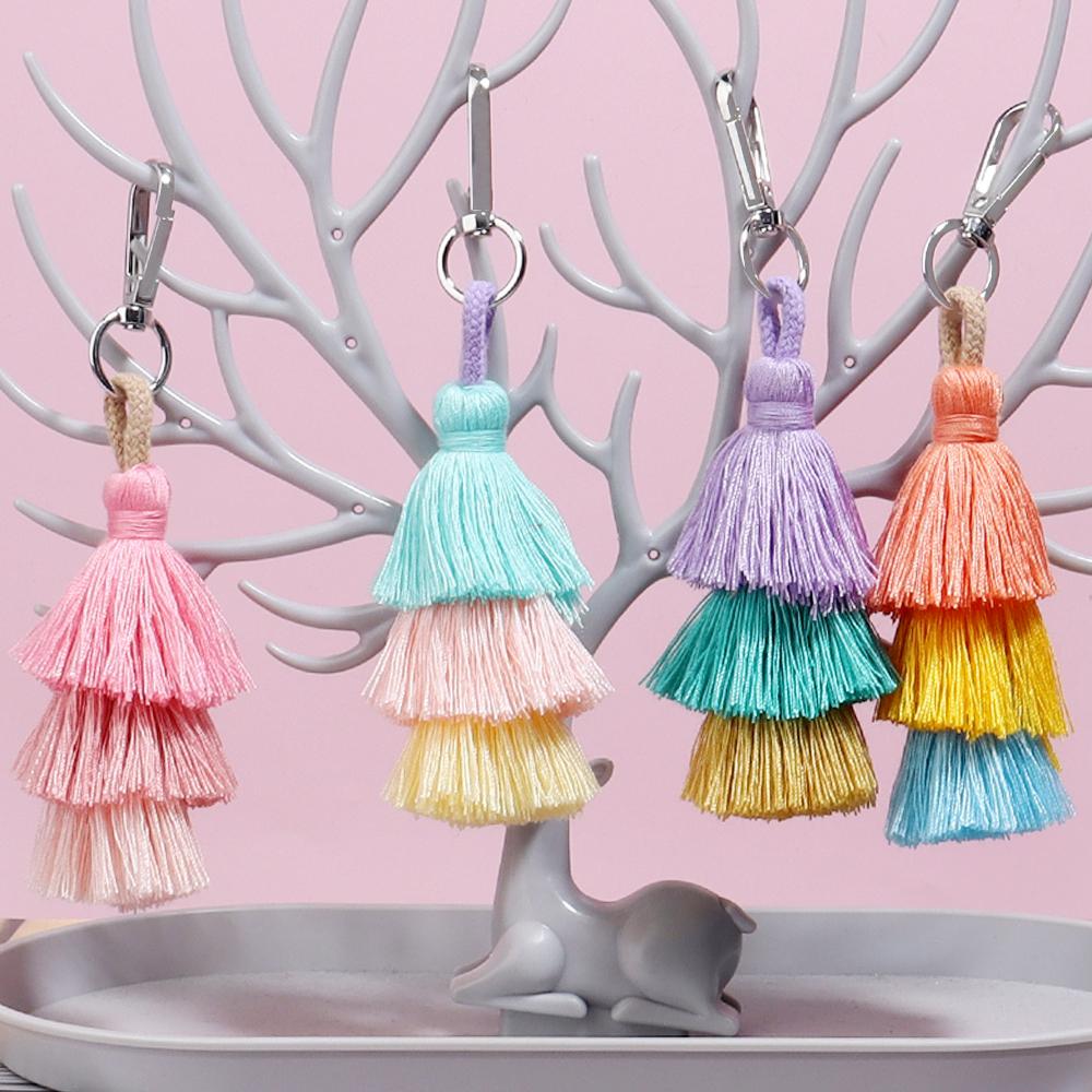 1pc Colorful 3-Layer Tassels Keychains Bohemian Simple Key Rings For DIY Handmade Key Chains Keyrings Handbag Decor Accessories
