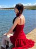 Red Spaghetti Strap Ruffle Waist Train Midi Dress - Sweet and Spicy Style with Bandeau Top