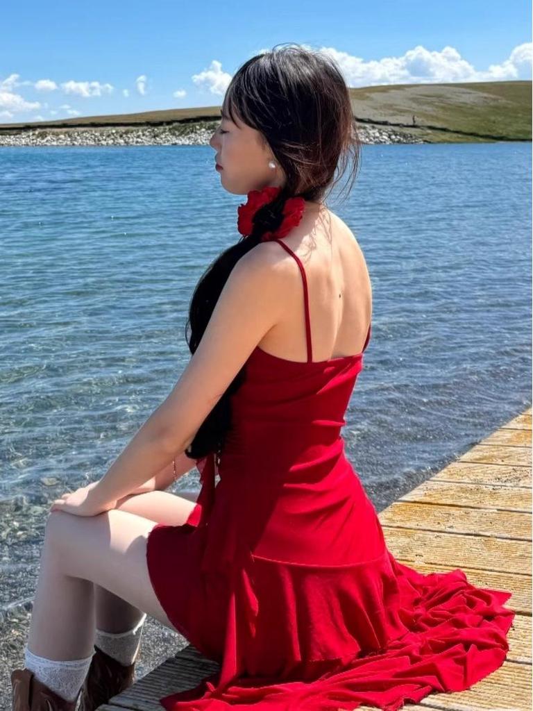 Women's Red Ruffle Waist-Hugging Spaghetti Strap Midi Dress