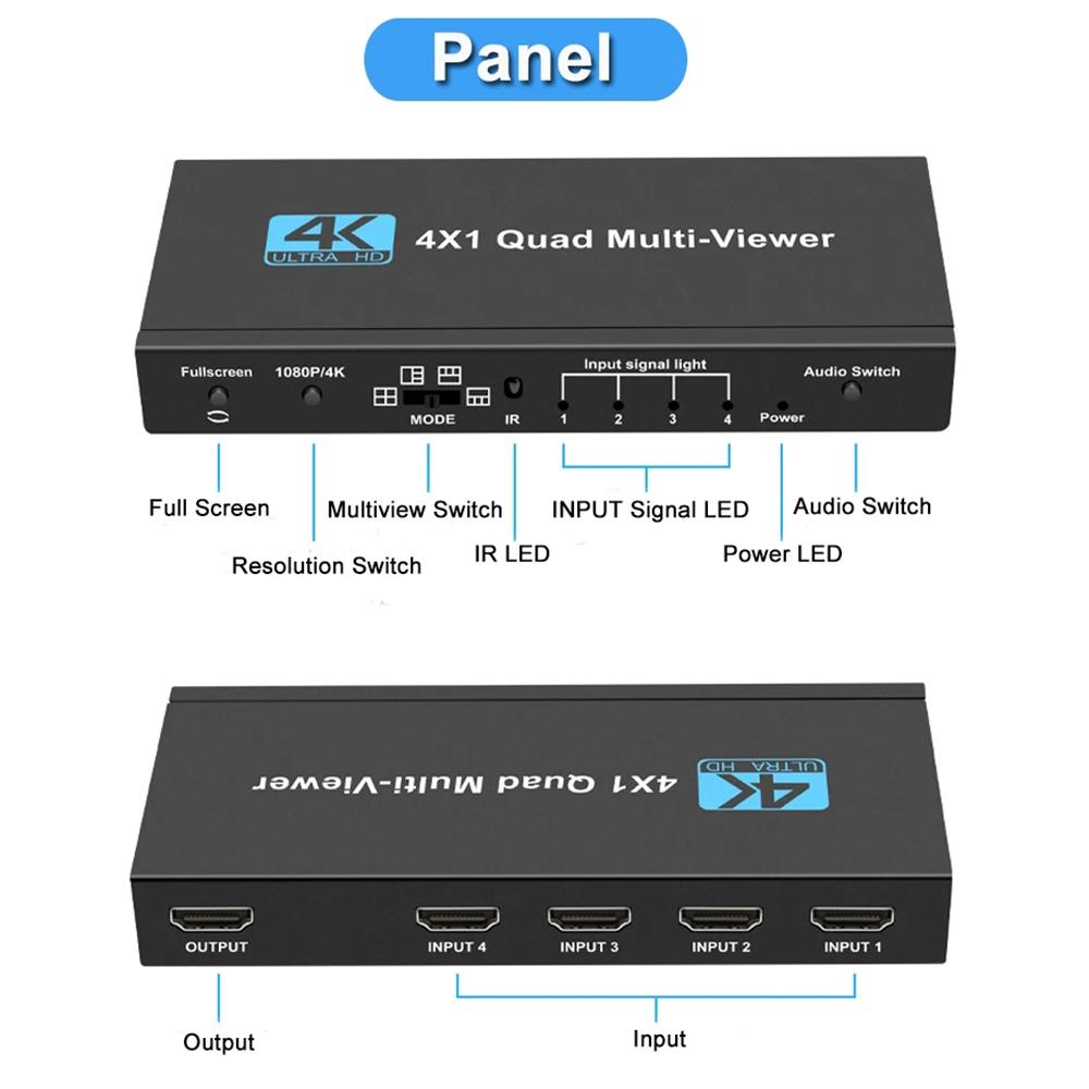 Multiviewer Switch 4x1 HDMI-Compatible Quad Seamless Switcher 4 In 1 Out Support 4K 30Hz For PS4 Camera Computer To TV Monitor