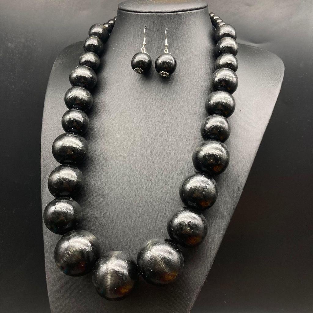 Bohemian Wooden Bead Necklace & Earrings Set