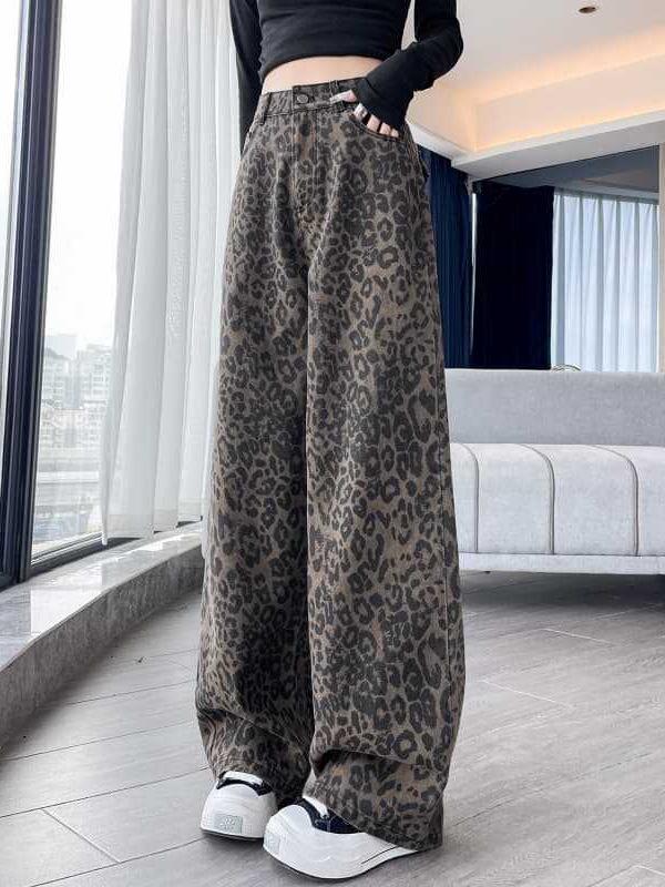 Women's Retro Leopard Print Wide-Leg Jeans - Petite Autumn/Winter Loose Fit