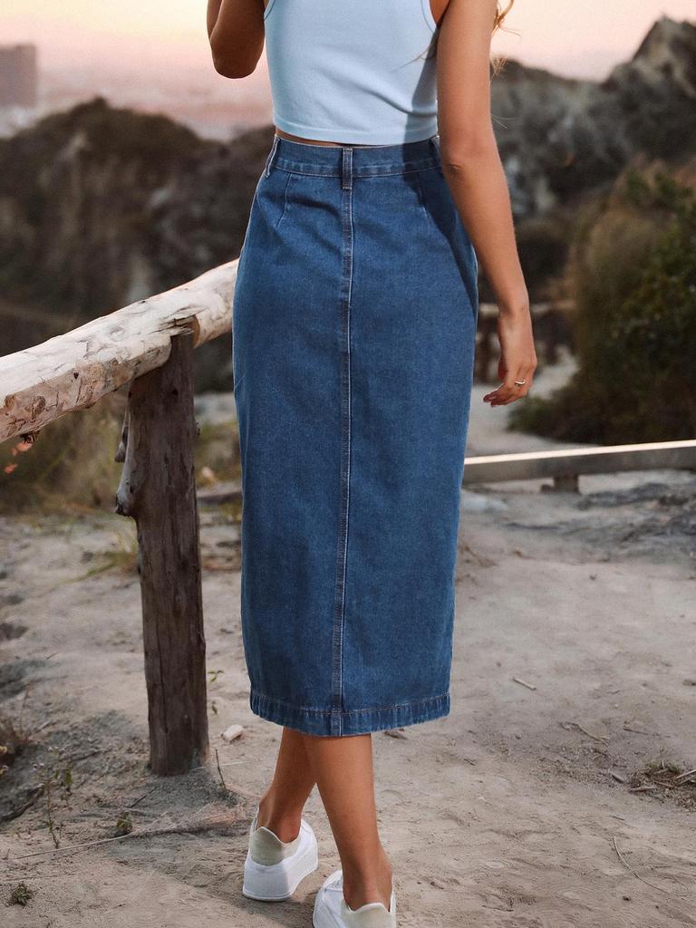 European & American Women's High-Waisted Buttoned Irregular Slit Midi Denim Skirt