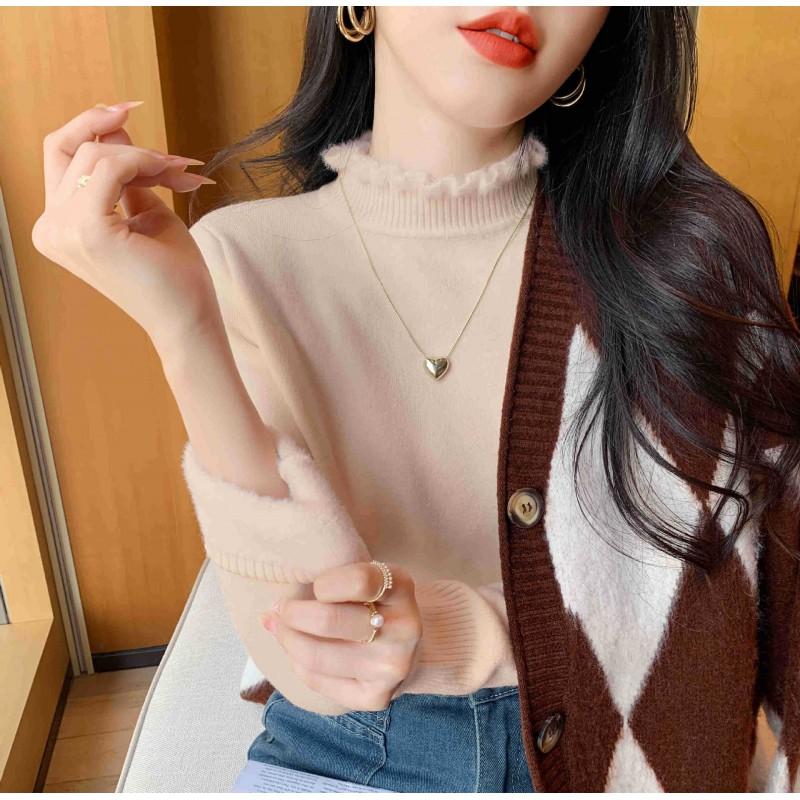 Womens Soft Knit Half Turtleneck Sweater Solid Color Faux Mink Yarn Long Sleeve Base Layer Top