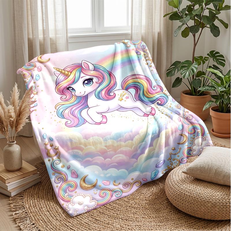Rainbow Unicorn Fantasy Theme Blanket Lightweight Warm Flannel Blanket Decorative Throw Blanket for Home Decoration