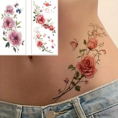 2 adet Çiçek Kol Dövmesi, Büyük Gül Çiçek Dövmesi, Gül Geçici Dövme Kadın, Gül Geçici Çiçek Dövme Tasarımı, Kadının Göğsüne Gül Dövmesi