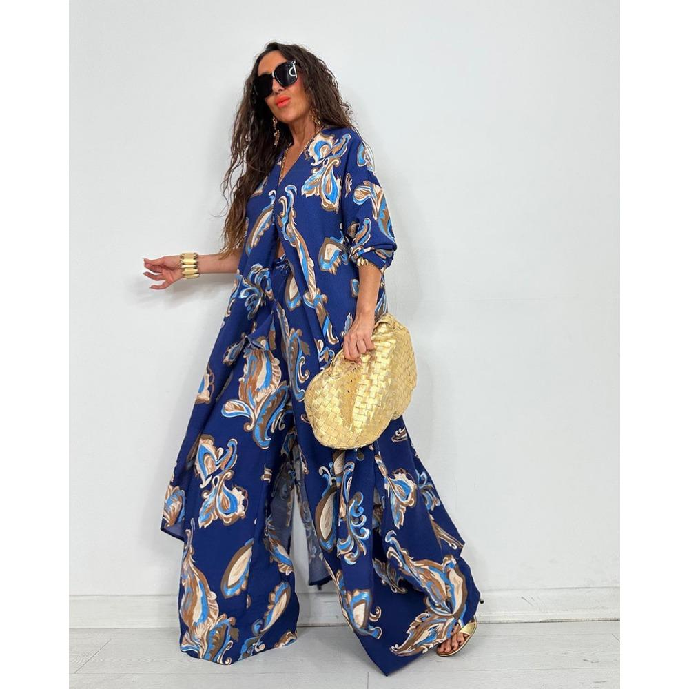 Autumn New Women's Lapel Printed Mid-length Top and Wide-leg Pants Two-piece Set