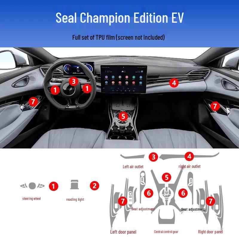 BYD Seal Interior Film Set: Dashboard, Screen, Gear Shift, Air Conditioner Stickers, HD TPU, fits 25 models