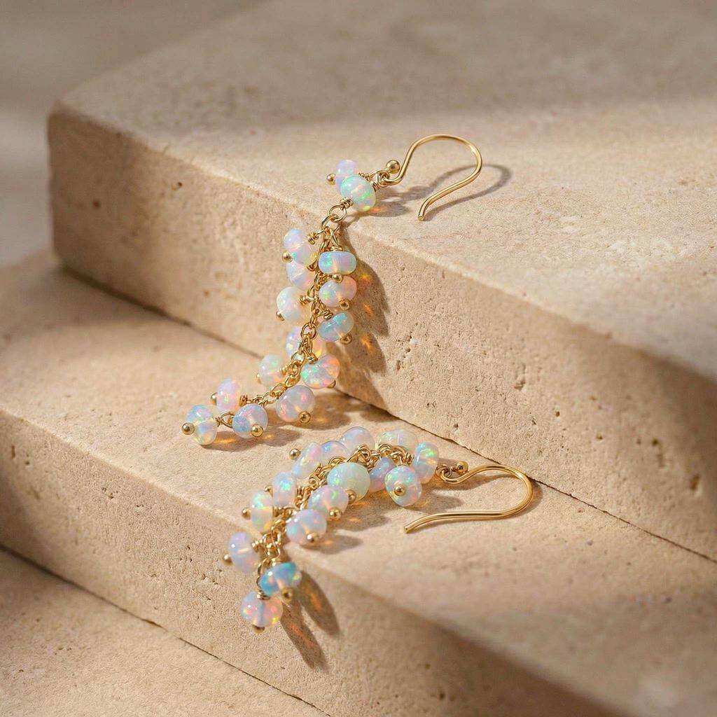 White Ethiopian Opal Beads Drop and Dangle Earrings, Multifire White Opal Rondelle Beads Earrings, October Birthstone Jewelry, Handmade Gift