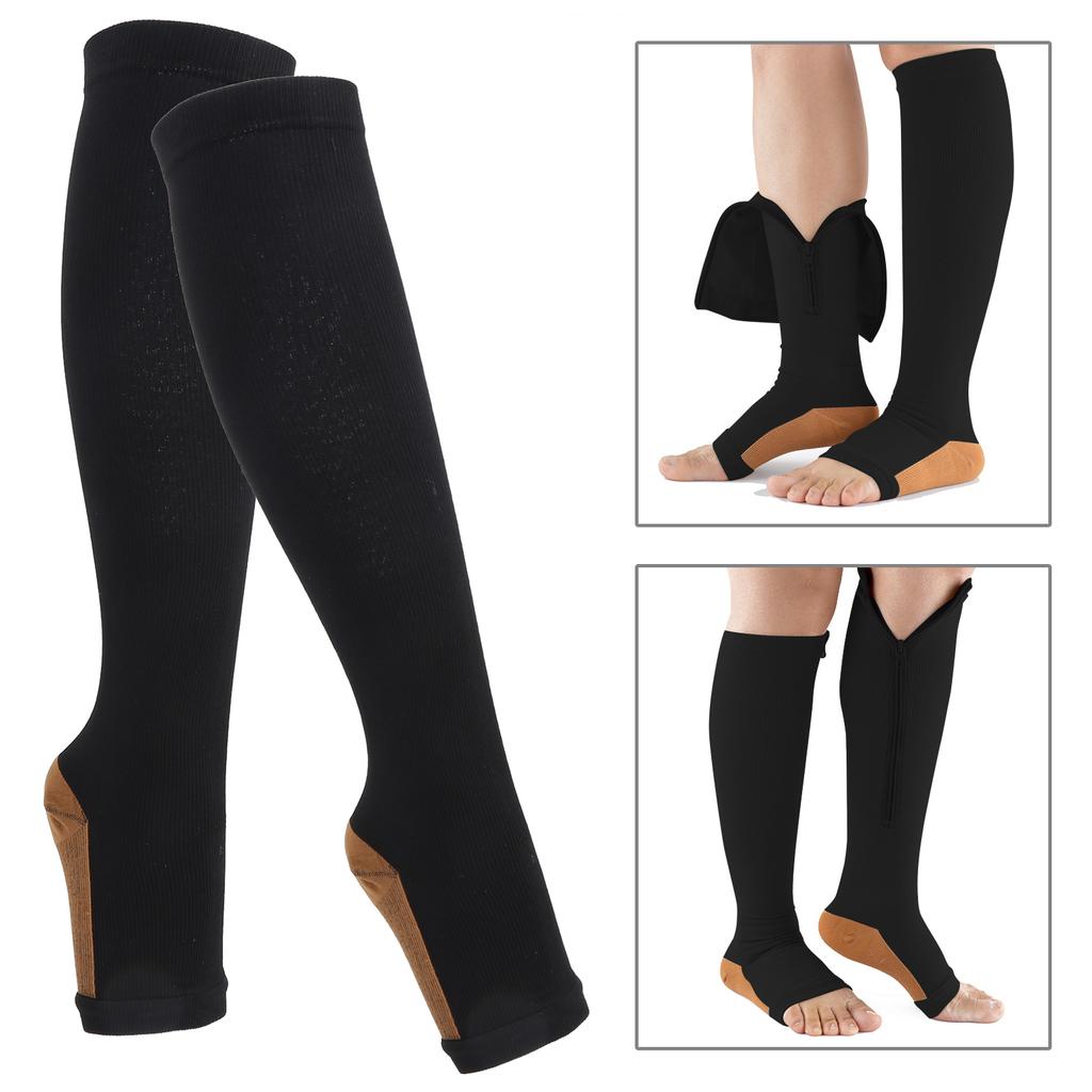 2Pcs Middle Tube Shaping Vein Sport Elasticity Compression Socks with Zipper Calf Slimming(Zipper Socks(black Copper