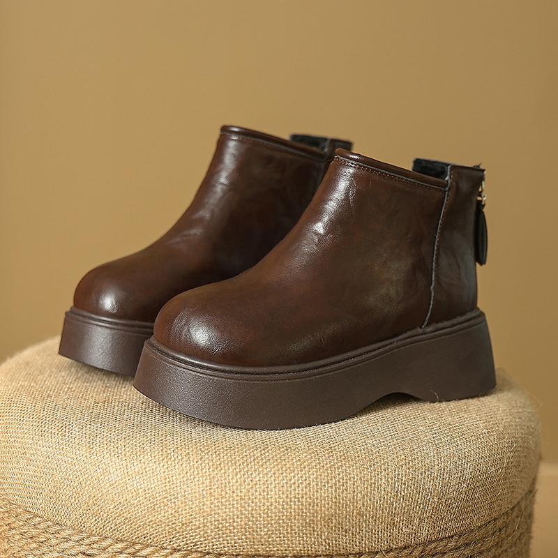 Fashion Back Zipper Short-barrel Cotton Boots Autumn and Winter New Round Toe Platform Non-slip Wear-resistant Wedges